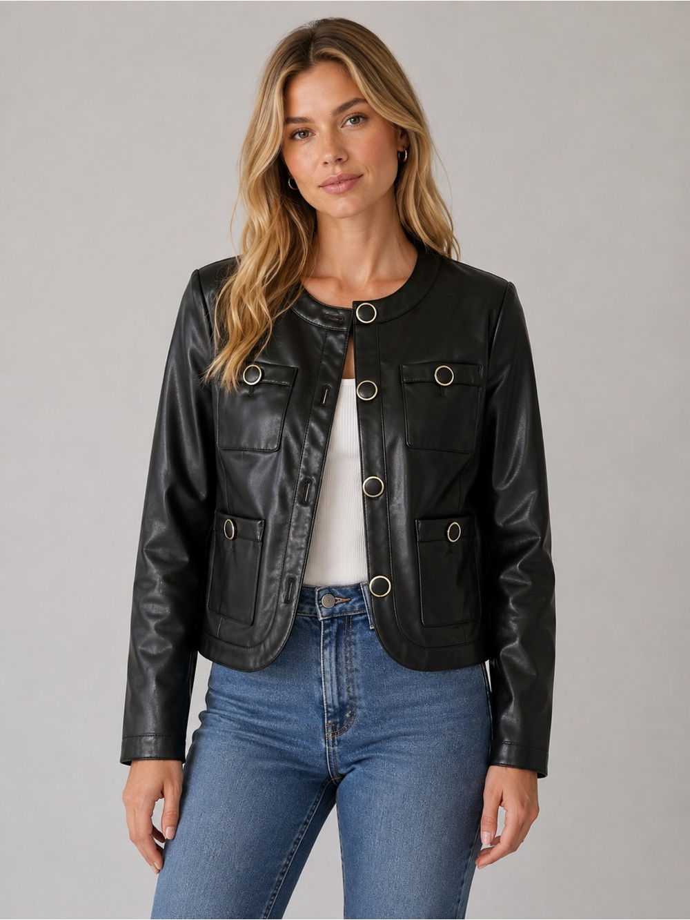 NWT CeCe Women’s Small Black Faux Leather Collarless Jacket $160